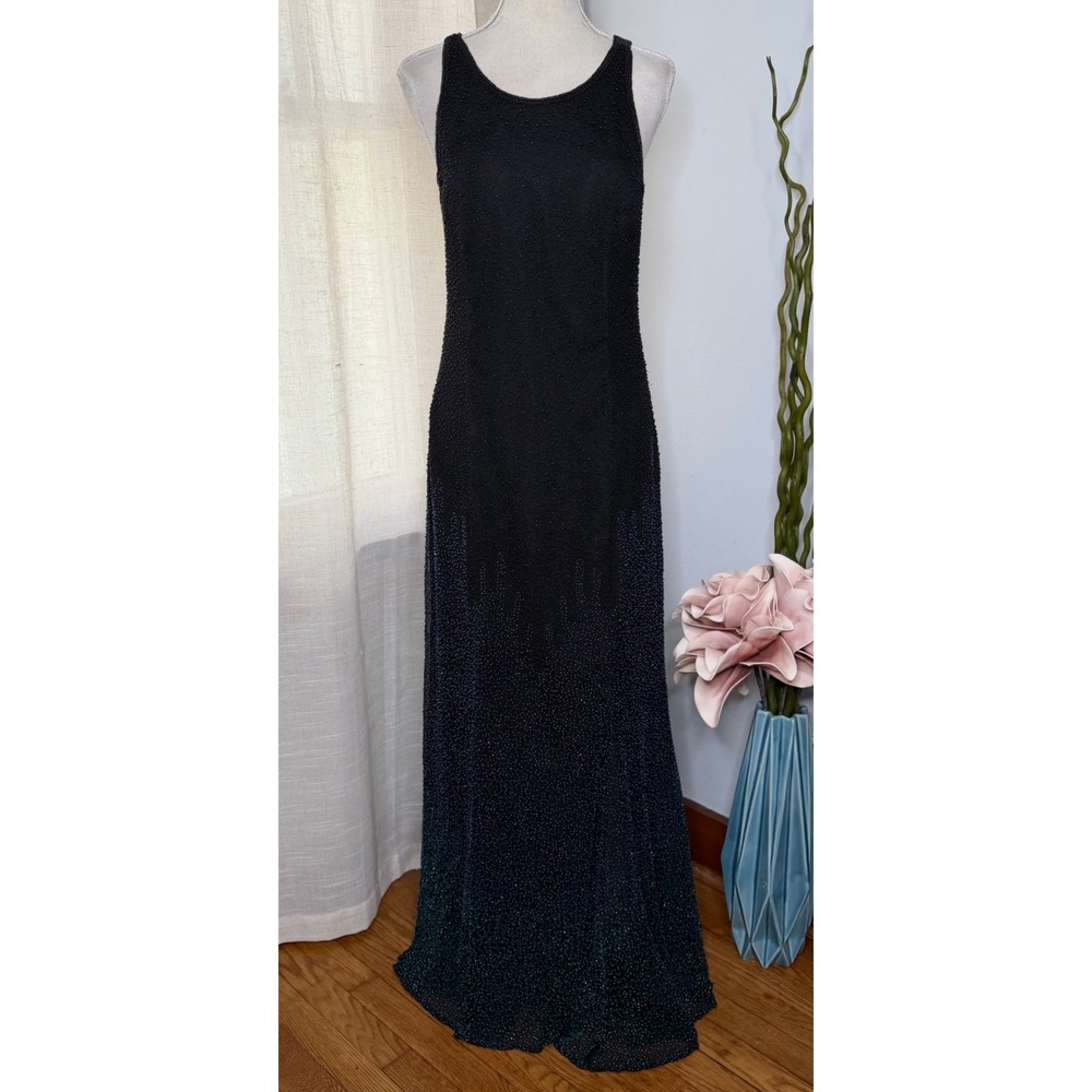 Vintage Cassandra Stone Beaded Silk Ombre Flame Evening Gown Black Blue Size 14